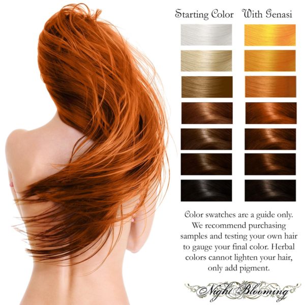 Fire Genasi color chart, a woman with long copper hair beside seven before-and-after hair swatches