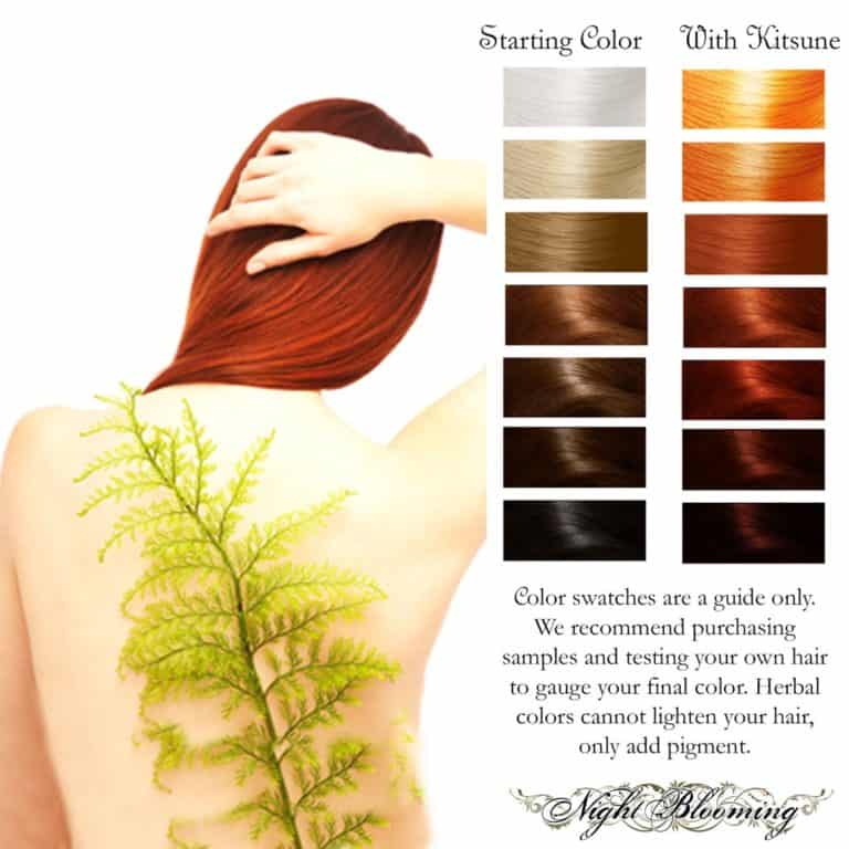 Kitsune color chart, a woman with long red hair beside seven before-and-after hair swatches