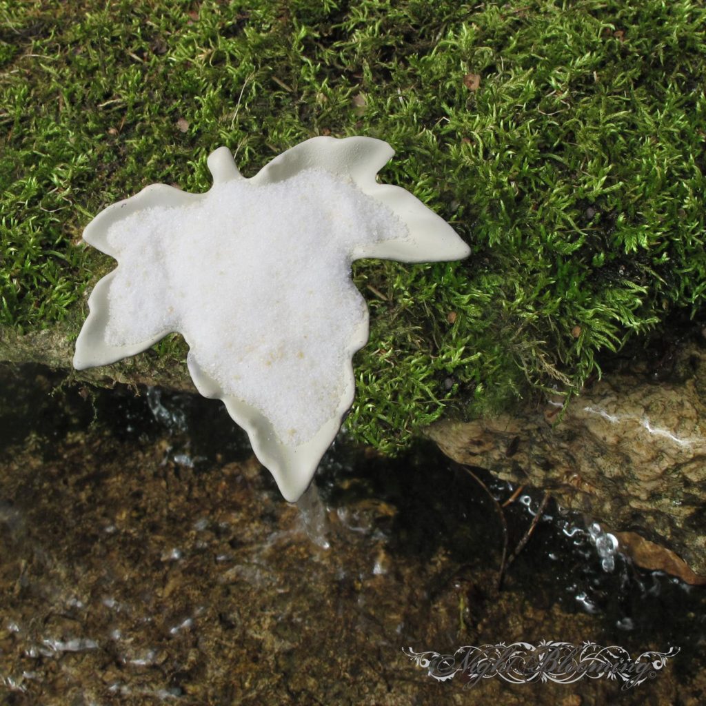 NightBlooming Alluvial Chelating Crystal Rinse, white rinse crystals in a leaf-shaped dish on moss above a running stream