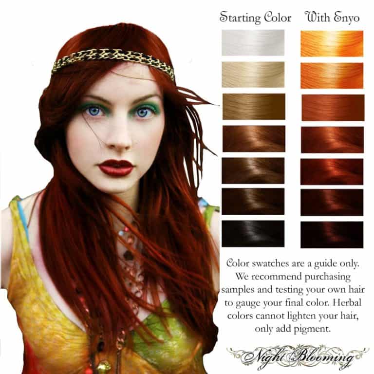 Enyo color chart, a woman with long ruby red hair beside seven before-and-after swatches