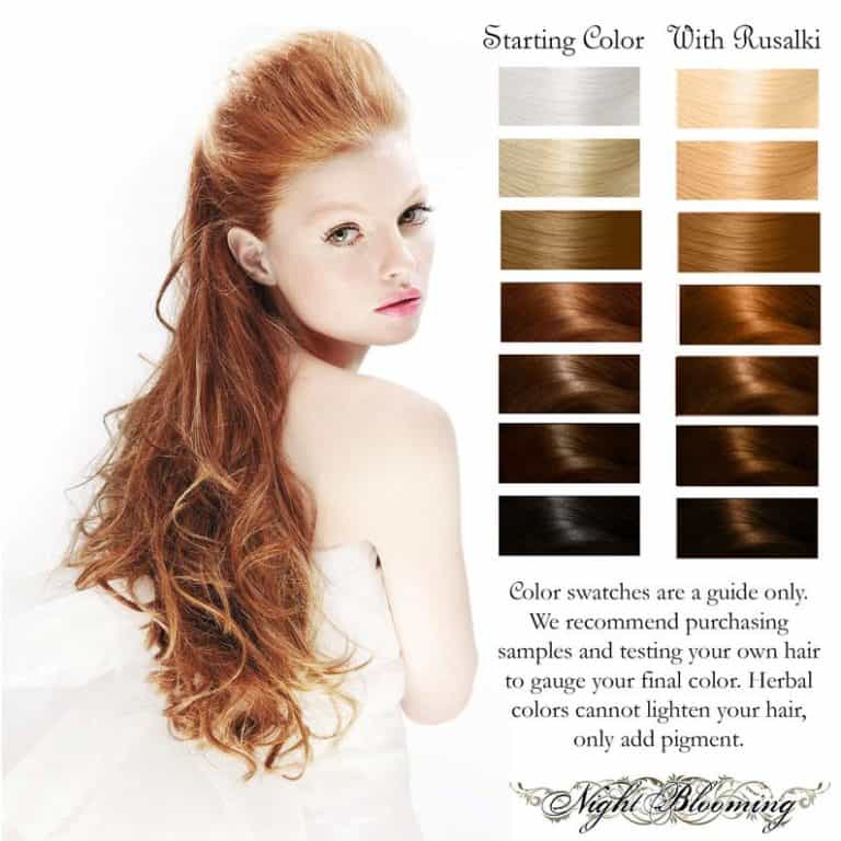 Rusalki color chart, a woman with long strawberry blonde curls beside seven before-and-after swatches