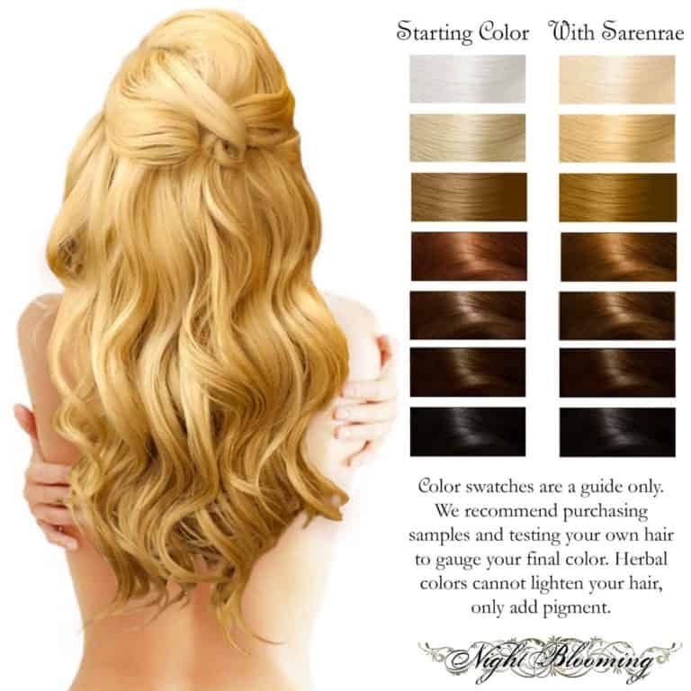 Sarenrae color chart, a woman with long wavy golden blonde hair beside seven before-and-after swatches