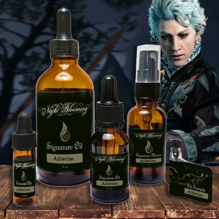 Astarion cologne oil and mister in amber bottles beside Astarion from Baldur's Gate 3
