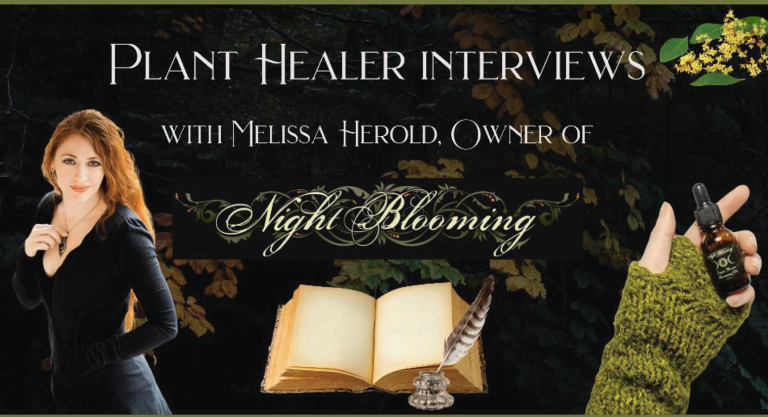 Plant Healer interview banner with Melissa Herold, owner of NightBlooming, an open book and quill