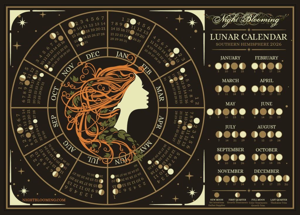 NightBlooming 2026 lunar hair care calendar for the Southern Hemisphere, showing the new, first quarter, full and last quarter moon dates for each month and the hair care each phase favors.